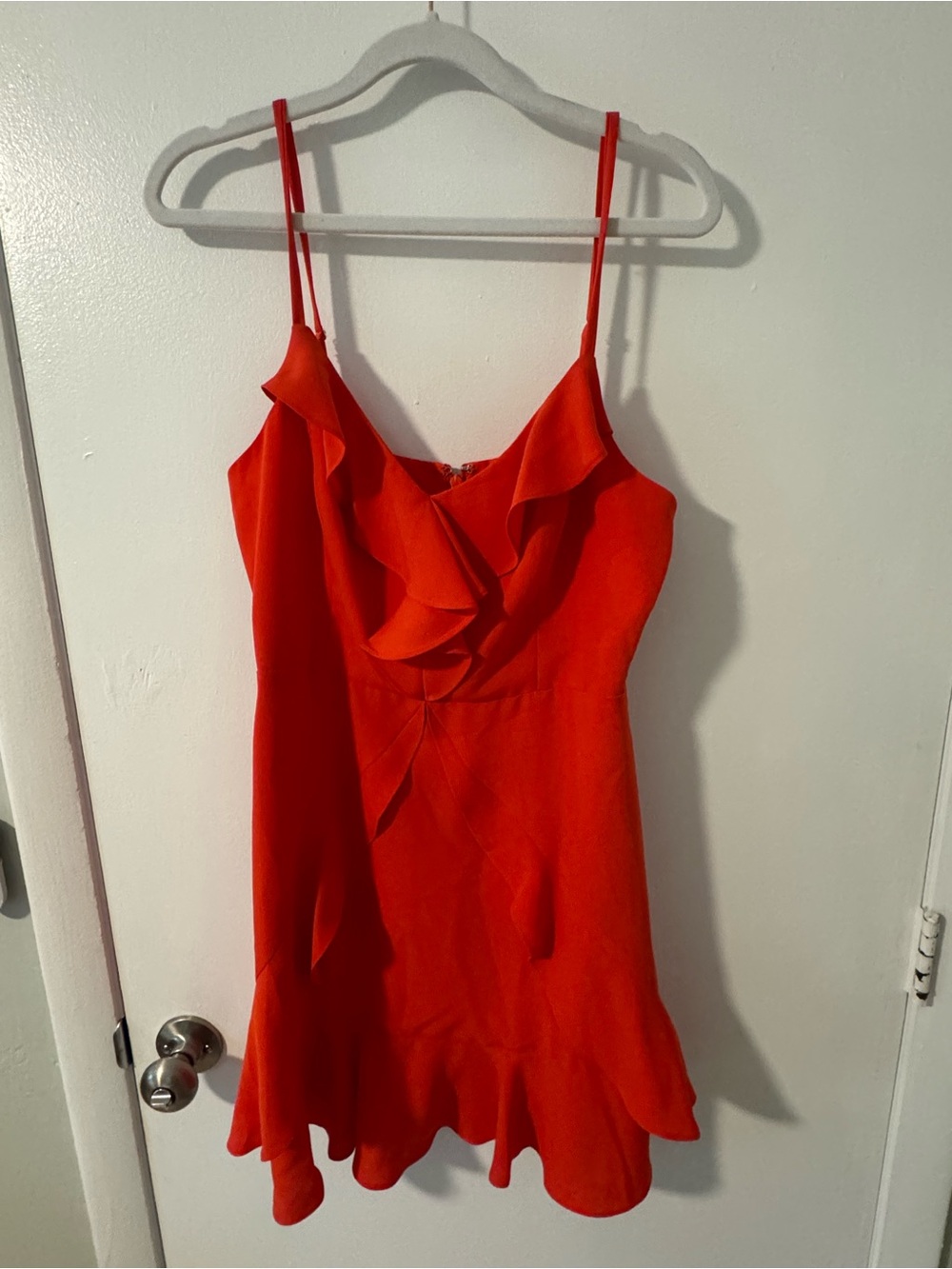 BCBGMaxAzria Vibrant Red Orange Ruffle Spaghetti-Strap Mini Dress